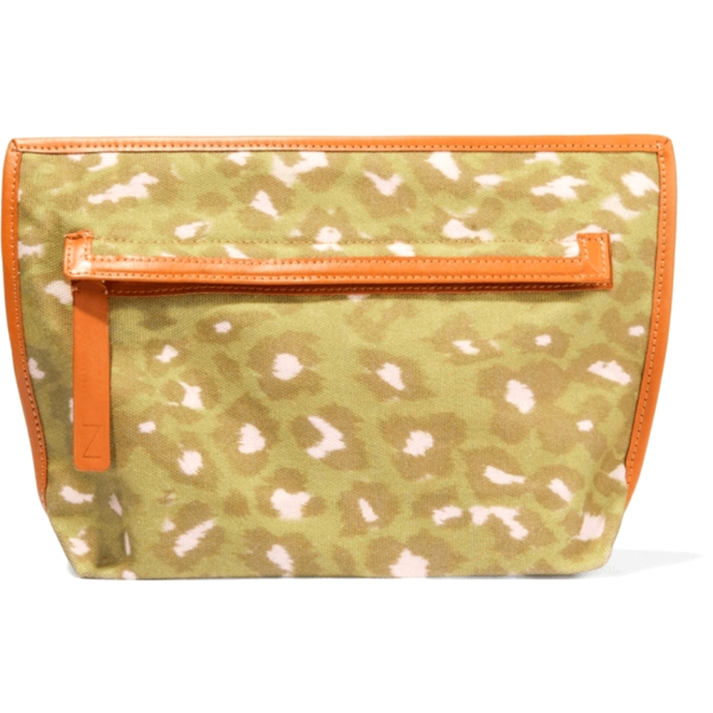 NWT ZIMMERMANN Leopard Print Leather Trimmed Cotton Canvas Flat Front Zip Pouch